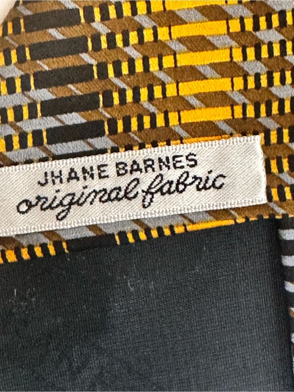 JHANE BARNES Mens 100% Silk Necktie JAPAN Designer Geometric Gold/Brown/Blue EUC